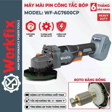 Máy cắt mài góc pin WORKFIX WF-AG7.600CP - 7.600v/ph, không chổi than, chỉ 444.000đ