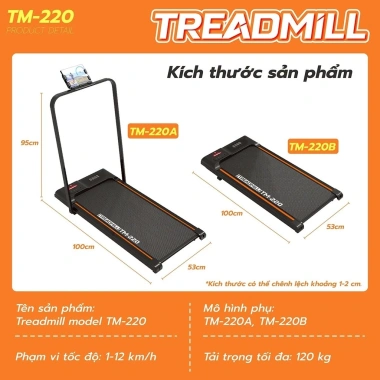 Máy chạy bộ điện TREADMILL TM220 1.75HP màn hình LED, tay cầm gọn nhẹ - Giá 2.099.000₫