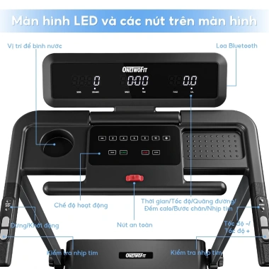 Máy chạy bộ gấp gọn OneTwoFit 2.5HP, màn hình LED, loa Bluetooth, 3 mức nghiêng thủ công, tải 120kg – giá 5.299.000₫ 2