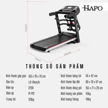 Máy chạy bộ Hapo HP03 gấp gọn, đai massage, tạ tay, chịu tải 120kg - 7.9 triệu