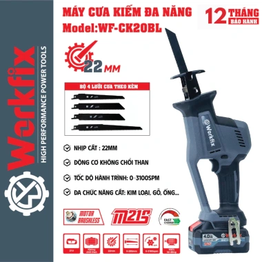 Máy cưa kiếm pin WORKFIX WF-CK20BL 800W - Cắt gỗ, sắt, ống nhựa, Tặng 4 lưỡi