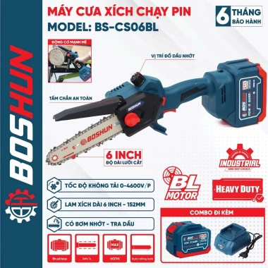 Máy cưa xích BOSHUN BS-CS06BL pin 6inch 4.600v/p, tra nhớt, không chổi than - 449.000 VND