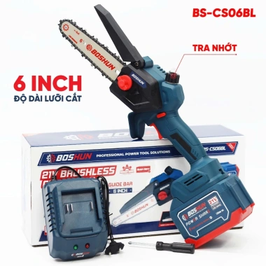Máy cưa xích BOSHUN BS-CS06BL pin 6inch 4.600v/p, tra nhớt, không chổi than - 449.000 VND