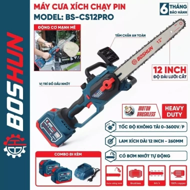 Máy Cưa Xích BOSHUN BS‑CS12PRO 12″, Lam Xích, Tra Nhớt Tự Động, Chân M21 - 710.000₫