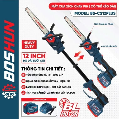 Máy cưa xích kéo dài pin BOSHUN BS-CS12PLUS 12inch, tích hợp cần nối dài, không chổi than – Giá 1.099.000đ