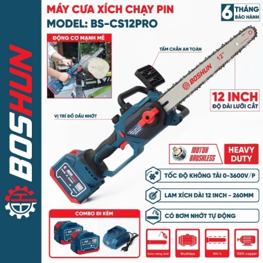 Máy Cưa Xích Pin BOSHUN BS-CS12PRO 12inch, Tra Nhớt Tự Động, Chân Pin Phổ Thông - Giá Ưu Đãi 729k