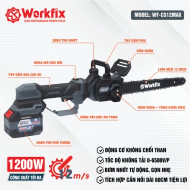 Máy Cưa Xích Pin Workfix WF-CS12MAX 12inch Kéo Dài 60cm Không Chổi Than Giá 1,224,000₫ 2