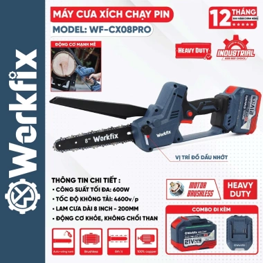 Máy cưa xích pin WORKFIX WF-CX08PRO - Lam 8 inch, bình nhớt, không chổi than, 749.000₫
