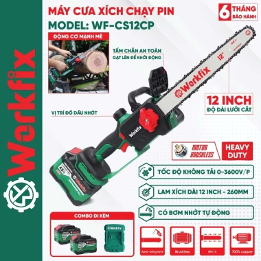 Máy cưa xích WORKFIX WF-CS12CP 12inch, trầm nhớt tự động, cần gạt an toàn - 749.000₫