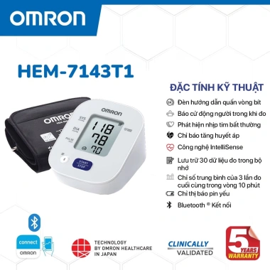 Máy đo huyết áp Omron HEM-7.143T1 1 nút ấn, lưu 30 kết quả, Bluetooth, model 2.022