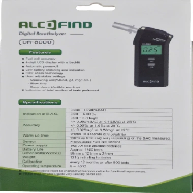 Máy đo nồng độ cồn Alcofind Hàn Quốc DA-8.000 kèm 06 đầu thổi, bảo hành 12 tháng - Giá ưu đãi 5,508,000 VND