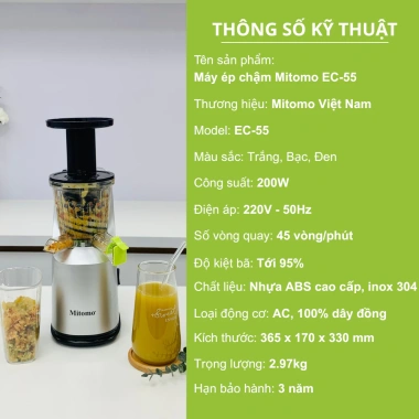 Máy ép chậm Mitomo EC-55 chính hãng - Ép hoa quả, rau củ, giữ vitamin, bảo hành 3 năm, giảm còn 1.399.000₫