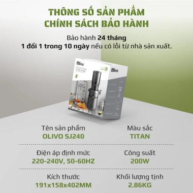 Máy Ép Chậm OLIVO SJ240 - Ép Trái Cây, Rau Củ 98% Bã, Cổ Rộng, Dễ Vệ Sinh, Kem Hoa Quả - 2,490,000 VND