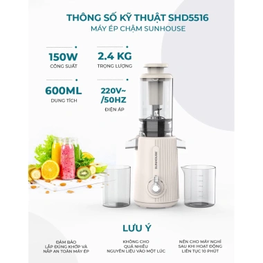 Máy ép chậm Sunhouse SHD5.516 150W - Làm kem trái cây, bảo hành 12t, giá 1.295.000₫