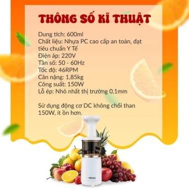 Máy ép chậm Venko VS-M150 - ép trái cây, rau củ, làm kem & sữa hạt, kèm cốc, chổi