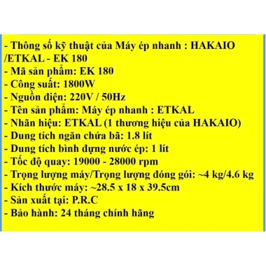Máy Ép Trái Cây Nhanh HAKAIO-ETKAL 1.800W Đa Năng, Bảo Hành 2 Năm - 1.839.000₫ 2