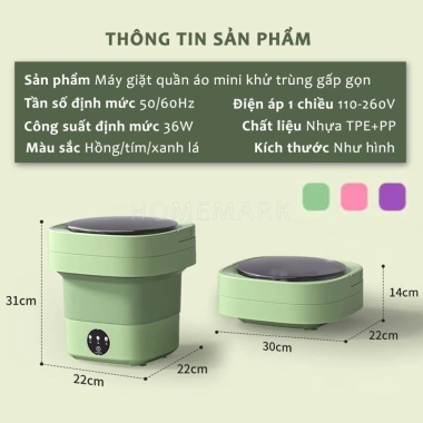 Máy giặt mini gấp gọn, khử khuẩn ánh sáng xanh, tự vắt khô - Giặt đồ lót, tất vớ bé 250.000₫