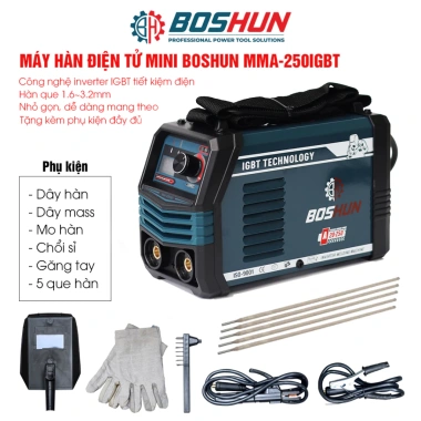 Máy hàn điện tử mini BOSHUN MMA-250IGBT - 3KV x 220V, lõi đồng, hàn que 1.6-3.2mm, giá 867.000₫