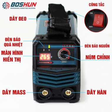 Máy hàn điện tử mini BOSHUN MMA-250IGBT - 3KV x 220V, lõi đồng, hàn que 1.6-3.2mm, giá 867.000₫ 6 Máy hàn điện tử mini BOSHUN MMA-250IGBT - 3KV x 220V, lõi đồng, hàn que 1.6-3.2mm, giá 867.000₫ 6