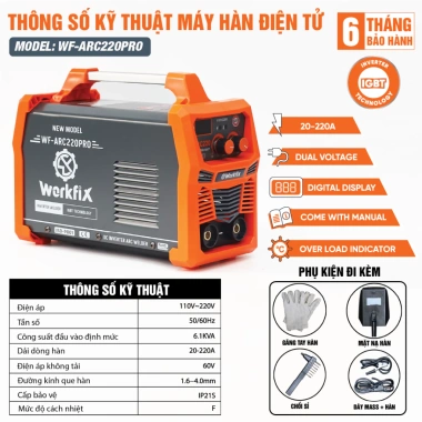 Máy hàn điện WORKFIX WF-ARC220PRO 20-220A 6.1KVA - Hàn que 1.6~4.0, 1.449.000 VND