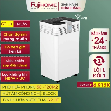 Máy hút ẩm 60L/ngày FUJIHOME UV + Wi‑Fi, lọc không khí, công nghiệp 120m2, đa năng phòng ngủ - Giá 5,219,000₫