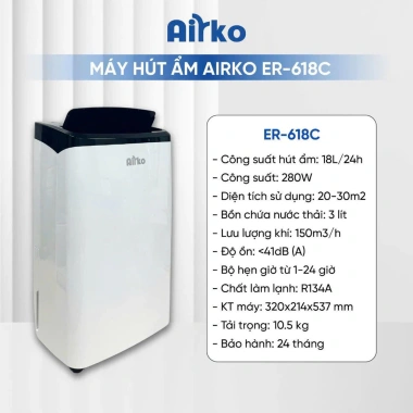 Máy hút ẩm Airko ER-618C 18L/ngày cho 20-40m2, BH 2 năm, giảm giá 4,650,000₫ 4