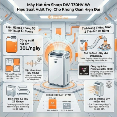 Máy hút ẩm ion SHARP DW-T30HV-W 30L/ngày, sấy quần áo giày dép,