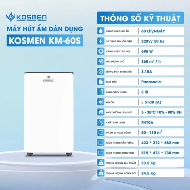 Máy hút ẩm Kosmen KM-60S 60L/ngày dưới 110m2 có WiFi, BH 2 năm, giảm giá 36,5 triệu 7 Máy hút ẩm Kosmen KM-60S 60L/ngày dưới 110m2 có WiFi, BH 2 năm, giảm giá 36,5 triệu 7