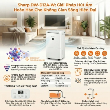 Máy hút ẩm Sharp DW-D12A-W 12L/ngày, phòng 25m2, xuất VAT, bảo hành 12 tháng - Giá 4.9 triệu 2 Máy hút ẩm Sharp DW-D12A-W 12L/ngày, phòng 25m2, xuất VAT, bảo hành 12 tháng - Giá 4.9 triệu 2
