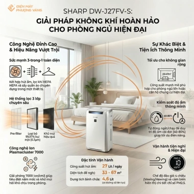 Máy hút ẩm Sharp DW-J20FV-W 20L/ngày, lọc không khí, tạo ion,