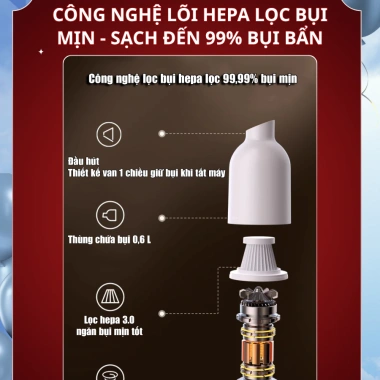 Máy hút bụi cầm tay dodoto LT113CG mini không dây, lực hút 20.000 Pa, bảo hành 24 tháng - Giá chỉ 825.000 VND