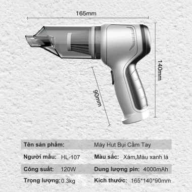 Máy hút bụi cầm tay không dây 7 đầu phụ kiện - Dùng cho ô tô & giường nệm, 135k