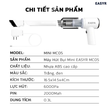 Máy Hút Bụi Cầm Tay MC05 Không Dây Mini EASYR Lực Hút 6.000Pa 120W Giá Ưu Đãi 758.000₫