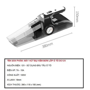 Máy Hút Bụi Đa Năng 4 trong 1 120W - Hút 10.000PA, Bơm & Đo Áp Lốp, Đèn Pin Sáng, Giá 380k