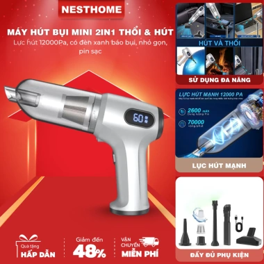 Máy hút bụi mini 2in1 thổi & hút 12.000Pa, đèn xanh báo bụi, gọn nhẹ, pin sạc