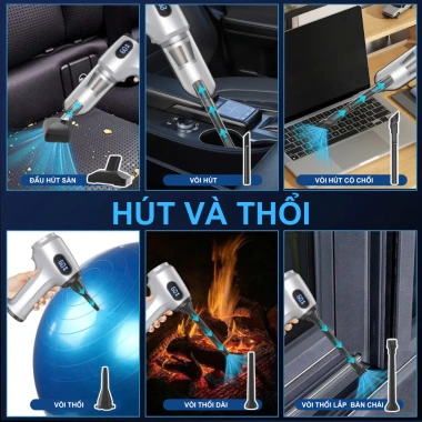 Máy hút bụi mini 2in1 thổi & hút 12.000Pa, đèn xanh báo bụi, gọn nhẹ, pin sạc 2