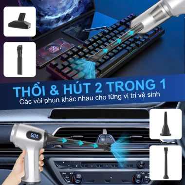 Máy hút bụi mini 2in1 thổi & hút 12.000Pa, đèn xanh báo bụi, gọn nhẹ, pin sạc 3