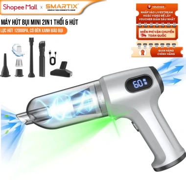 Máy hút bụi mini 2in1 thổi & hút 12.000Pa, đèn xanh báo bụi, pin sạc SMARTIX - Nhỏ gọn, giá 350.000 VND