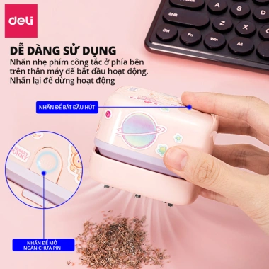 Máy Hút Bụi Mini Deli Để Bàn Cầm Tay Không Dây Nhỏ Gọn Hút Vụn Tẩy Bút Chì