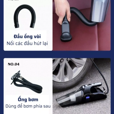 Máy Hút Bụi Ô Tô 4 Trong 1 - Bơm Lốp, Đo Áp Suất, Đèn Pin, Giá 435k Ưu Đãi