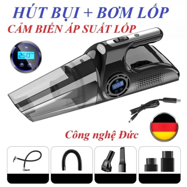 Máy hút bụi ô tô đa năng 4 trong 1 cao cấp: hút bụi, bơm lốp, đo áp suất, đèn pin 12-24V