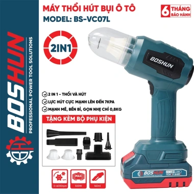 Máy hút bụi ô tô pin BOSHUN BS-VC07L - Động cơ đồng 500W, thổi/hút 7kPa, bình 160ml, giá chỉ 458.000₫