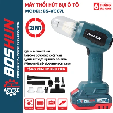 Máy hút bụi ô tô pin BOSHUN BS-VC07L - Động cơ đồng 500W, thổi/hút 7kPa, bình 160ml, giá chỉ 458.000₫