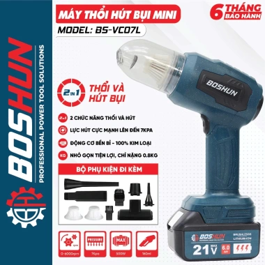 Máy hút bụi ô tô pin BOSHUN BS-VC07L - Động cơ đồng 500W, thổi/hút 7kPa, bình 160ml, giá chỉ 458.000₫