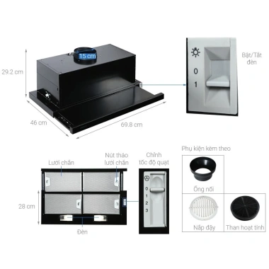 Máy hút mùi âm túng mặt kính đen Hafele HH-SG70A - 3 cấp độ hút, 6,772,570 VND