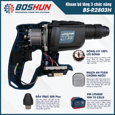 Máy Khoan Bê Tông Pin 3 Chức Năng BOSHUN BS-R2.803H - Chân Pin Phổ Thông, Bảo Hành Chính Hãng, Giá Ưu Đãi 799.000₫ 4