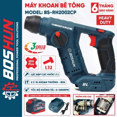 Máy khoan bê tông pin compact BOSHUN BS-RH2.002CP 3 tốc độ, lực búa 1,7J - Nhỏ gọn, không chổi than, giá ưu đãi 839.000₫