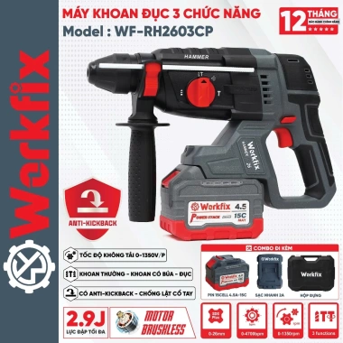 Máy khoan đục bê tông pin 3 chức năng WORKFIX WF‑RH2.603CP – Lực đập 2.9J, Anti‑Kickback, Chân M21, Giá 1,079,000₫ 2