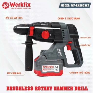 Máy khoan đục bê tông pin 3 chức năng WORKFIX WF‑RH2.603CP – Lực đập 2.9J, Anti‑Kickback, Chân M21, Giá 1,079,000₫ 4