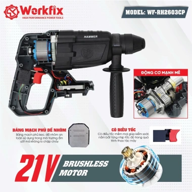 Máy khoan đục bê tông pin 3 chức năng WORKFIX WF‑RH2.603CP – Lực đập 2.9J, Anti‑Kickback, Chân M21, Giá 1,079,000₫ 5